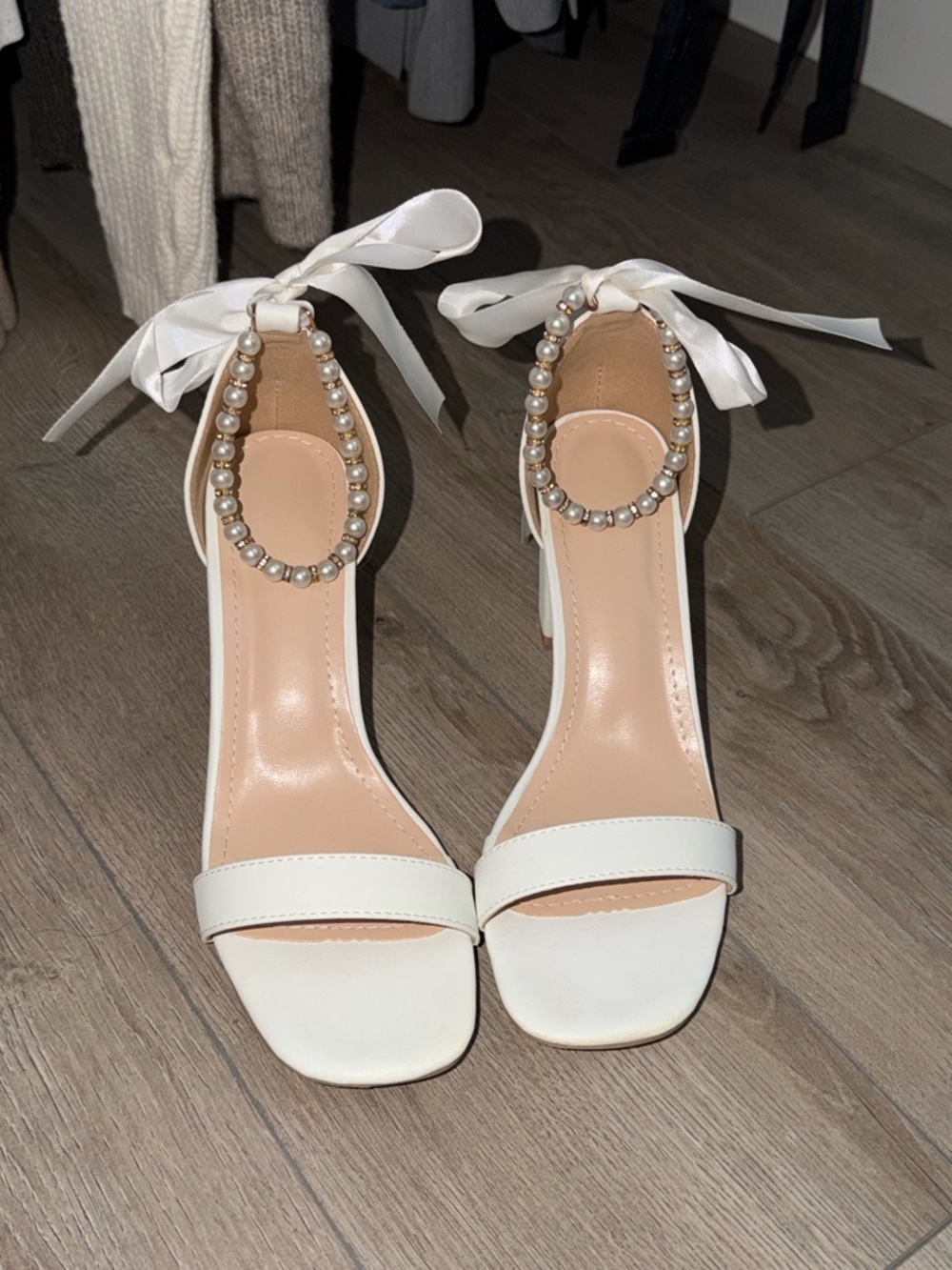 Elegant White Pearl-Ankle Tie Women's Heels